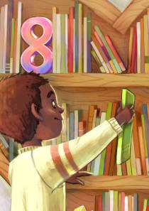 a boy reaching for a book in a heart-shaped shelf