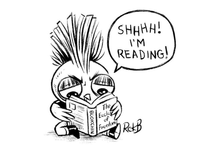 a punk owl reading The Ecology of Freedom by Bookchin and saying: SHH, im reading!