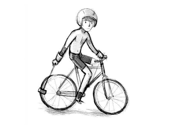 An illustration of a shirtless and tatooed bike polo player, on a bike with a mallet and helmet