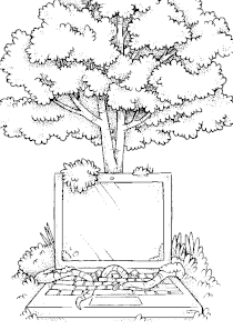 An illustratin of a computer in front of a tree, with the roots growing through its keyboard