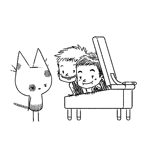 rek and dev coming out of a school desk with the cat from thousand rooms looking upset