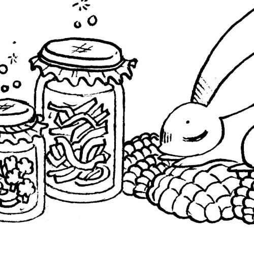 127.2kb a human and a rabbit watching jars of ferments