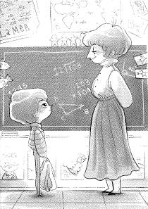 a boy standing in front of his teacher in a classroom