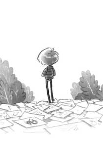 a boy standing outside over a field of drawings of birds