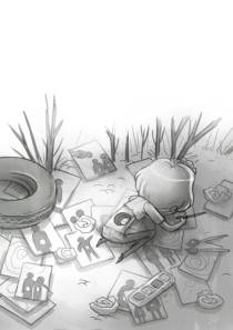 a boy in his bramble house crouched over the ground and drawing, he has a large hole in his stomach, around him are many more drawings all featuring people with holes in their stomachs