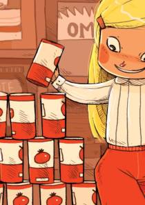 a young girl is stacking cans of tomato in a store