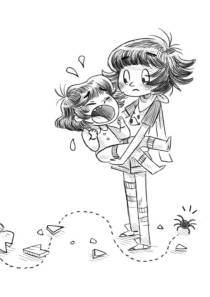 a girl holding their younger sibling who is crying while a spider escapes a broken jar