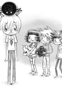 a boy looking sad with a spider on his head, in the background his friends are standing holding other scary things like a lightning bolt, a caterpillar and a storm cloud
