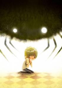 a boy on his knees looking afraid with a giant spider looming overhead