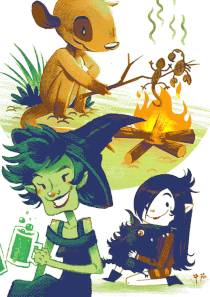 a vampire child and a witch having a drink, a vampire girl holding a ratty looking dog, a suricate roasting a lizard over a fire