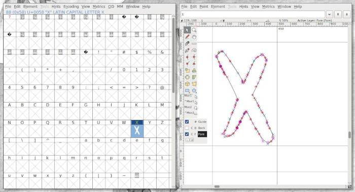 a screenshot of font forge showing the letter X with autotracing applied, now its been vectorized