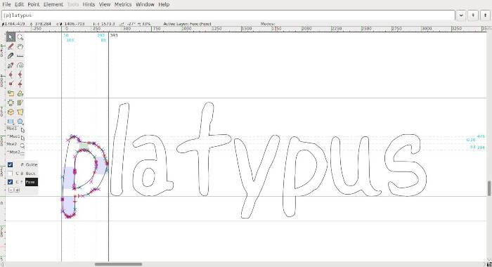the word platypus on the canvas to test the kerning of the font