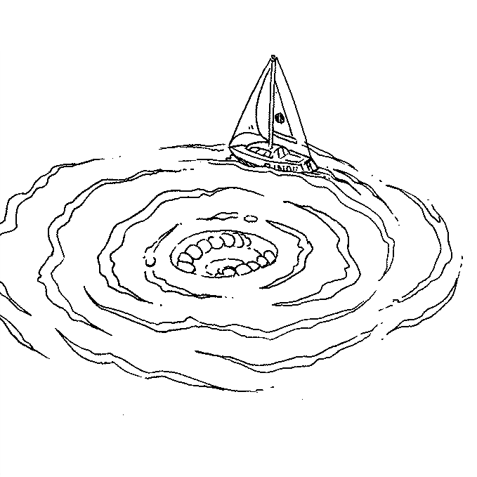 18.5kb, a small sailboat caught in a maelstrom, the swirling mass of water has an open gaping mouth in its centre