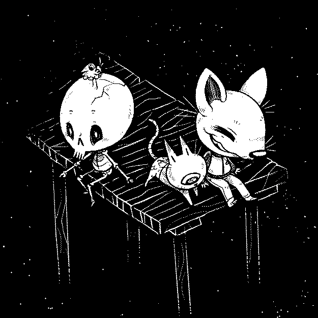 shiba killy, cee the skeleton and polycat are sitting on a bridge surrounding by a starry black void