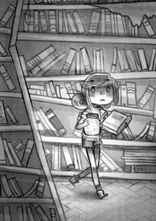 a girl with a candle walking in a dark library