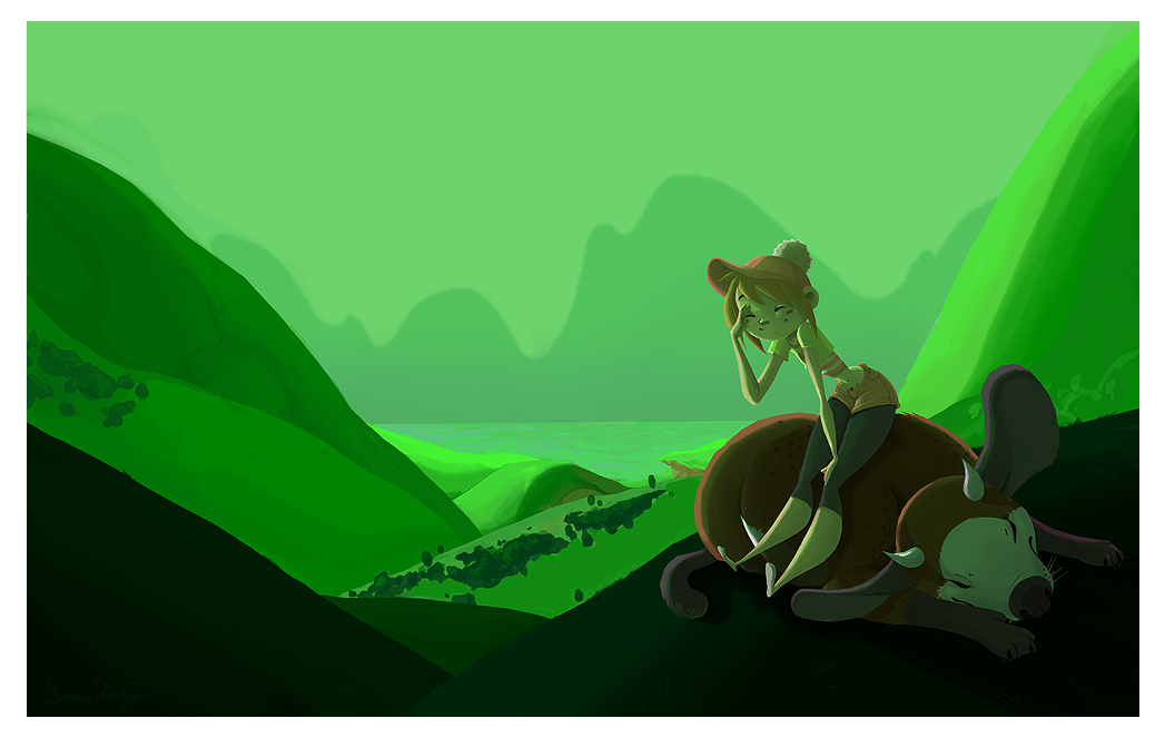 green grass gorge, ratchet leaning on a big creature with large ears that is sleeping in a green valley, 276.4 KB